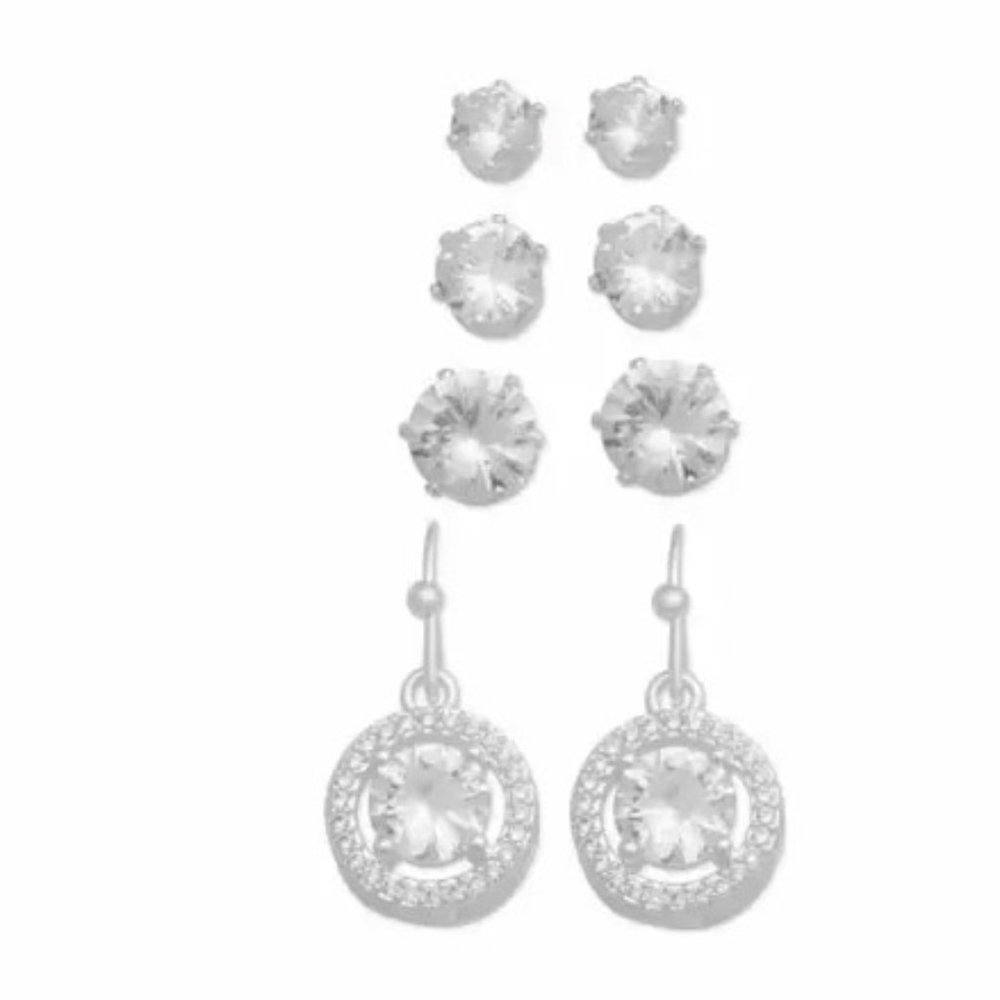 Macy s Silver Plated Cubic Zirconia Graduated Studs and Drop Earring 4 Piece Set